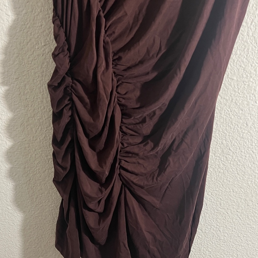 Anthropologie women’s Sz 2X Sleeveless Mock Neck Ruched Midi Dress Brown Bodycon - Picture 5 of 13